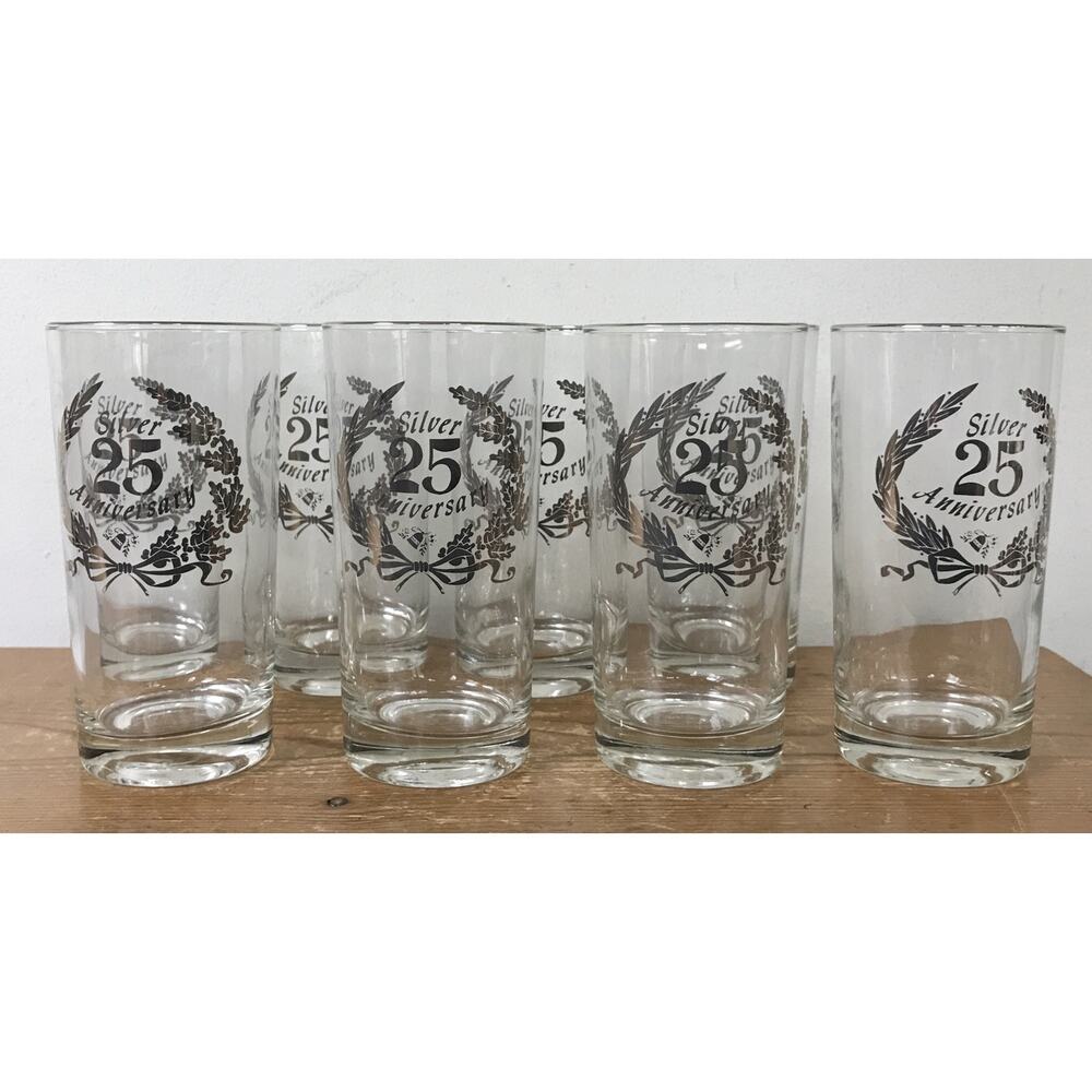 Set Lot 8 Vtg West Virginia Weston Glass Silver 25 Anniversary Glasses Tumblers
